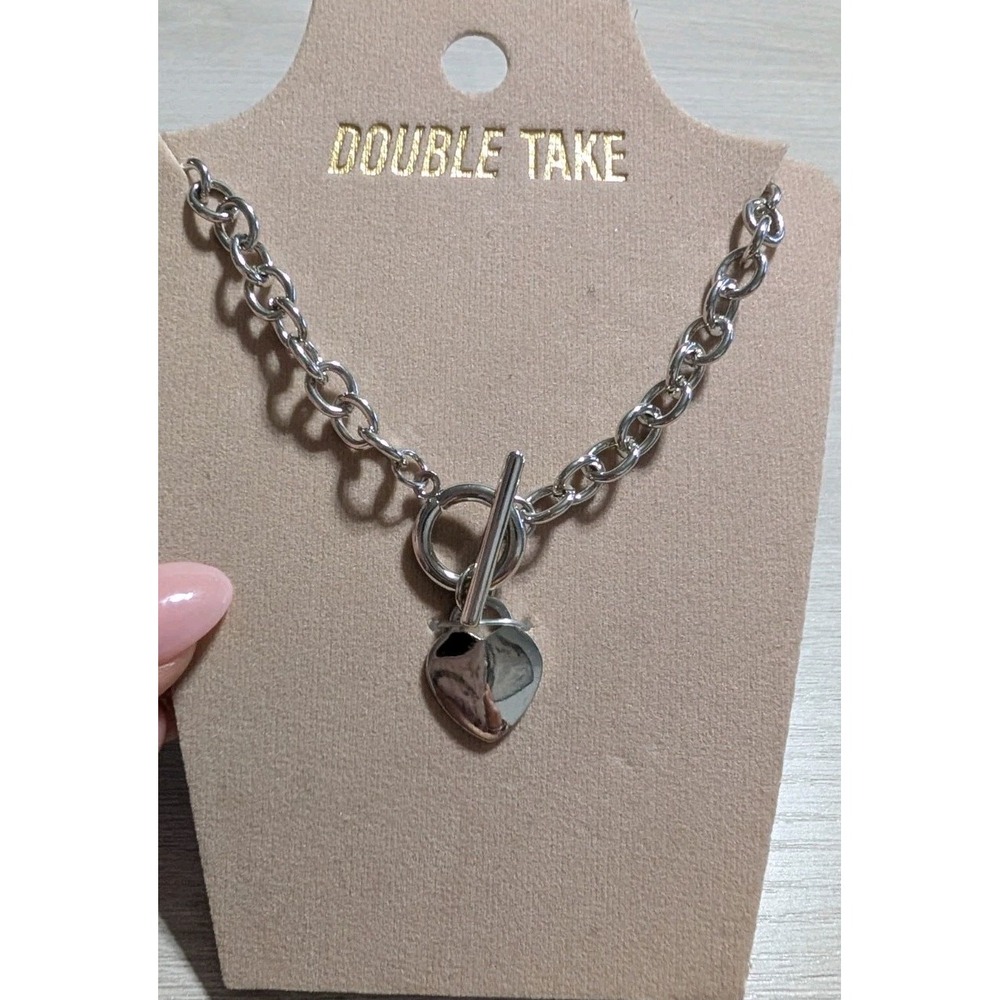 Double Take Silver Tone Chunky Chain Necklace Toggle Heart Pendant New